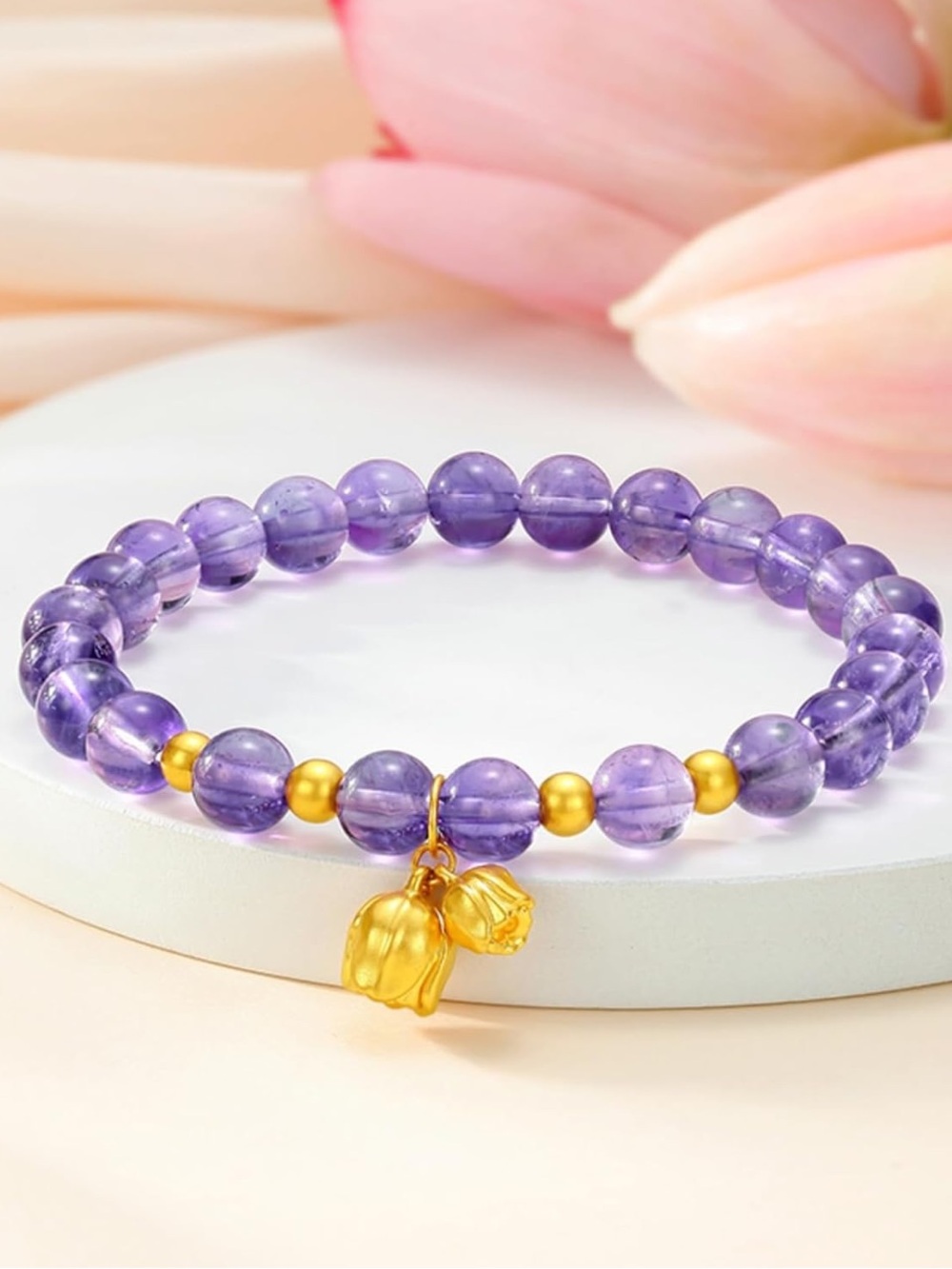 🆕New Amethyst Beaded Bracelet With Gold Plated Tulip Charm